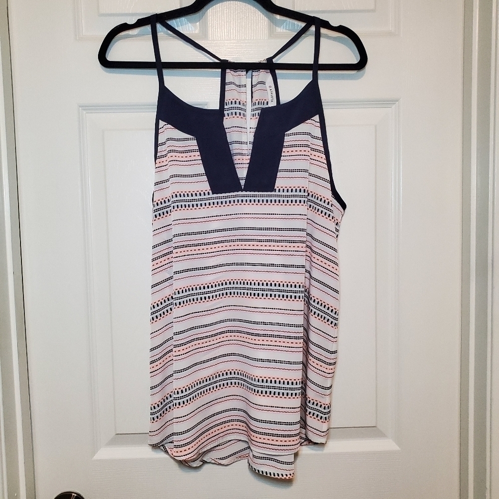 ATHLETA Racer Back Tie Neck White/navy patterned tank top Sz S